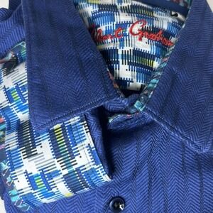 Robert Graham Men's XL Blue Striped Chevron Jacquard Flip Cuff Long Sleeve Shirt